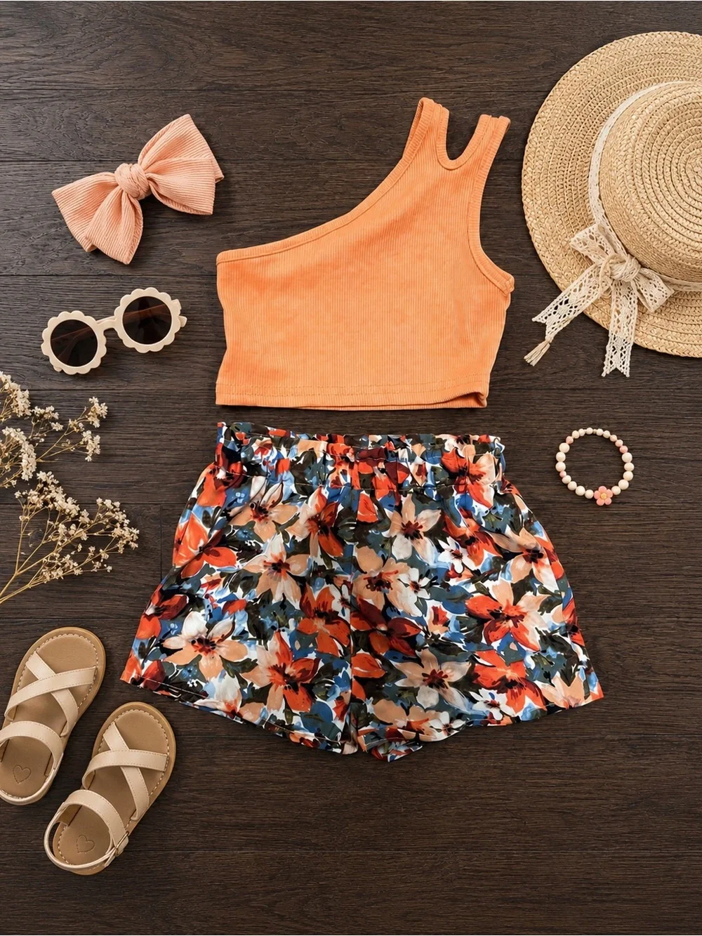 Baby Girl 12–18M Peach One-Shoulder Top & Floral Shorts Set